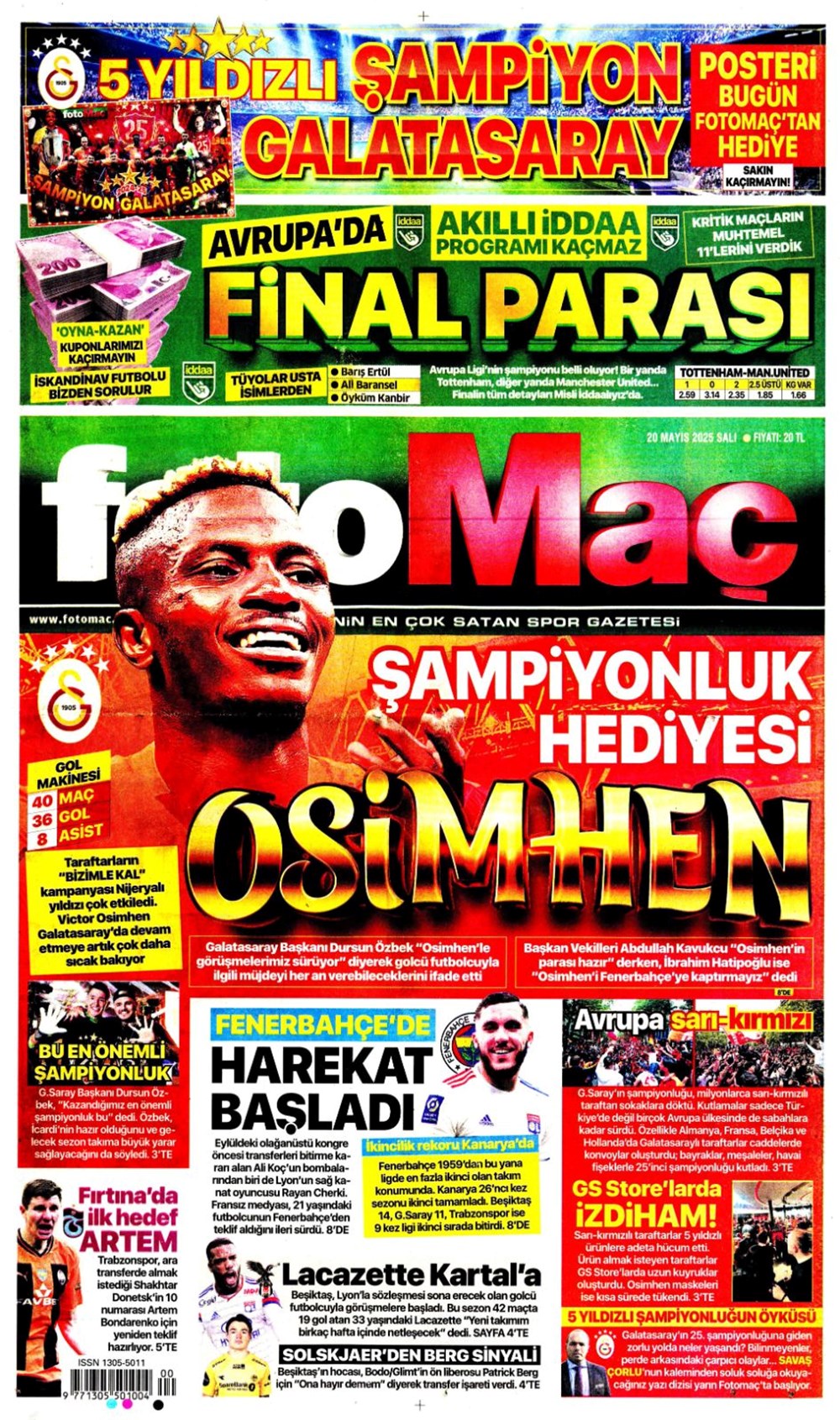"Şampiyonluk hediyesi Osimhen" (20 Mayıs 2025 spor manşetleri) - 1